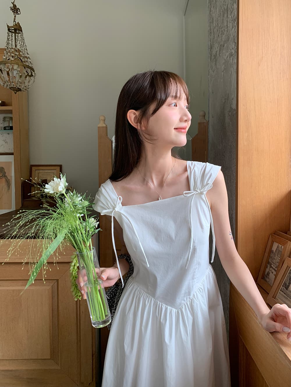 실사 정가 한 부서 소녀 연령 감소 레트로 나비 매듭 어깨 벨트 측면 칼라 하이웨이스트 한 마디 드레스 상세 이미지 70