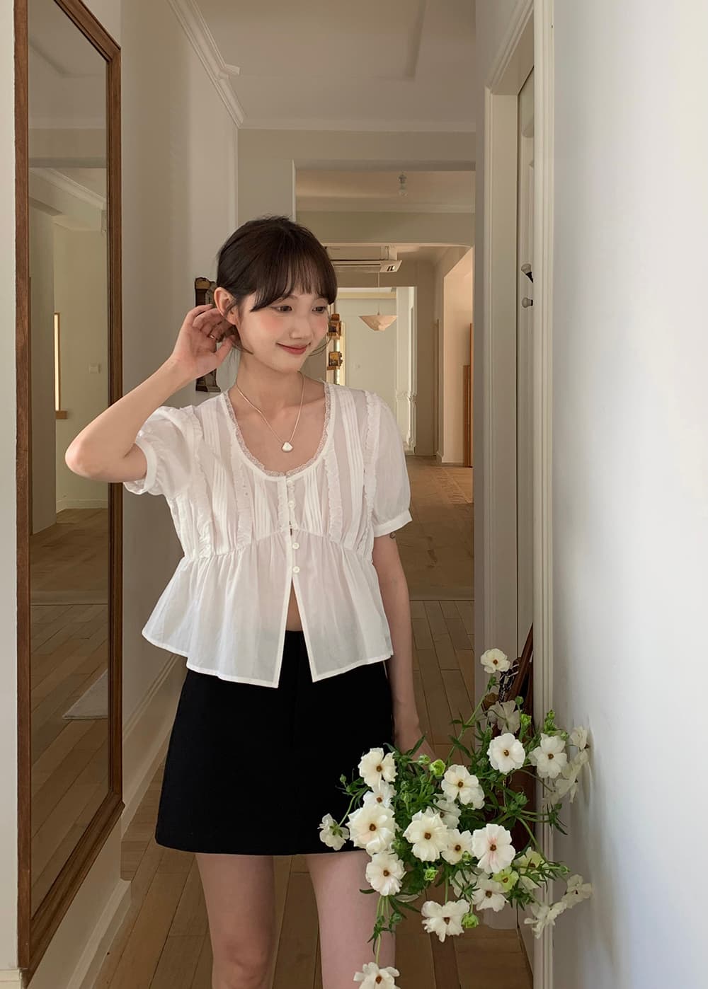 실사 정가 하얀 달빛 한 부서 면 소재 u 칼라 레이스 단일 행 반팔 레이스 셔츠 상세 이미지 11