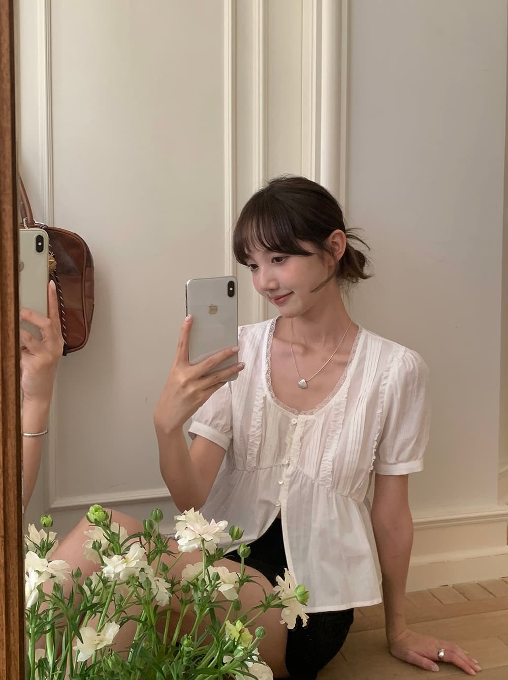 실사 정가 하얀 달빛 한 부서 면 소재 u 칼라 레이스 단일 행 반팔 레이스 셔츠 상세 이미지 19