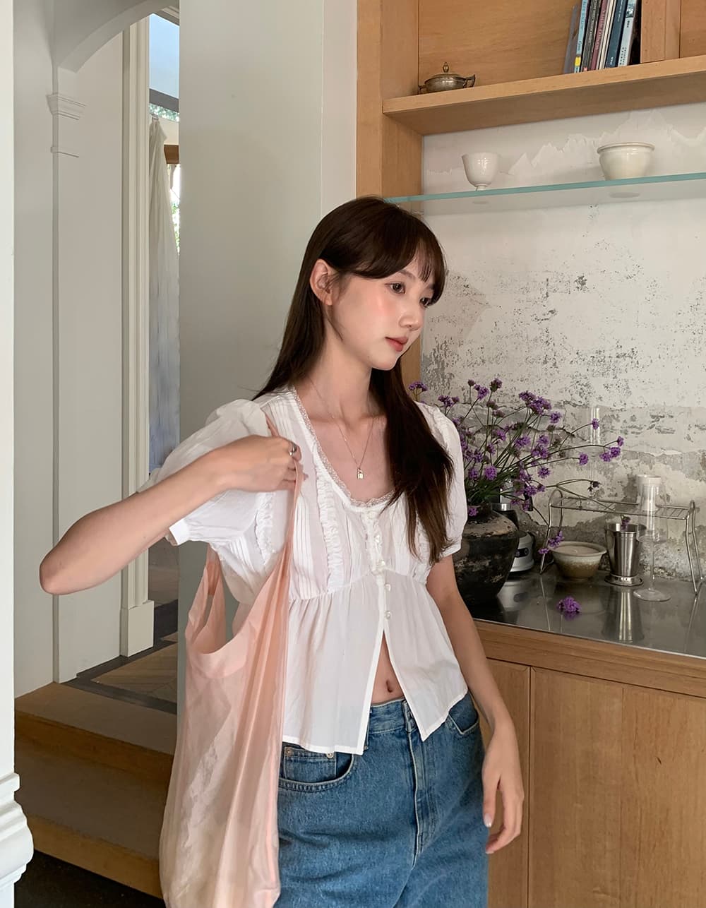 실사 정가 하얀 달빛 한 부서 면 소재 u 칼라 레이스 단일 행 반팔 레이스 셔츠 상세 이미지 34