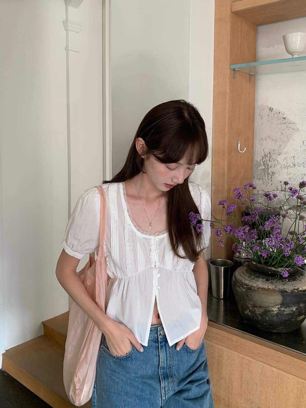 실사 정가 하얀 달빛 한 부서 면 소재 u 칼라 레이스 단일 행 반팔 레이스 셔츠 상세 이미지 37