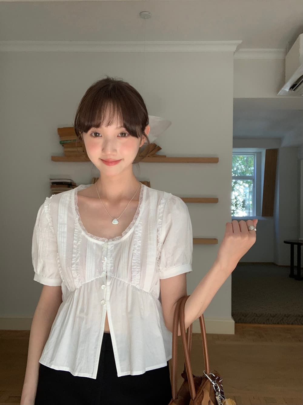 실사 정가 하얀 달빛 한 부서 면 소재 u 칼라 레이스 단일 행 반팔 레이스 셔츠 상세 이미지 43