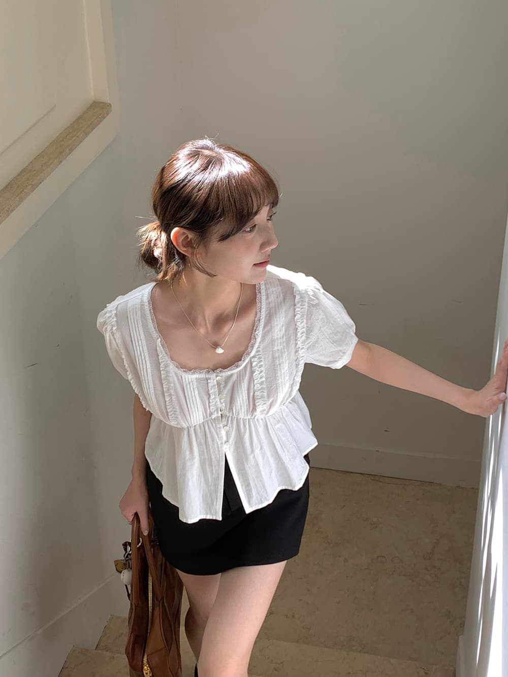 실사 정가 하얀 달빛 한 부서 면 소재 u 칼라 레이스 단일 행 반팔 레이스 셔츠 상세 이미지 44