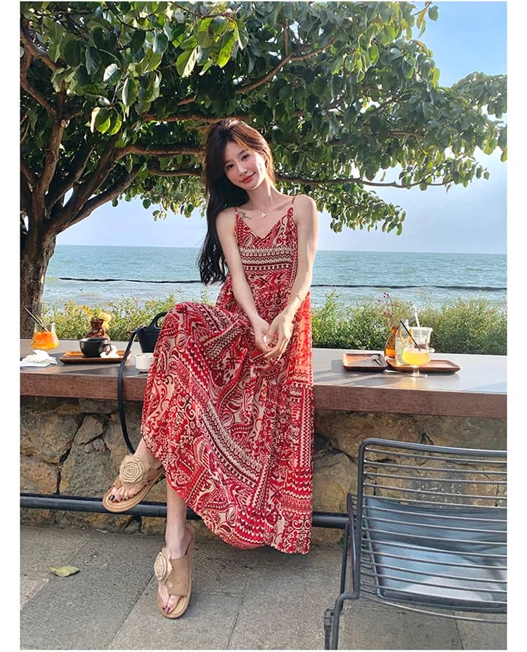 빨간색 휴가 바람 보헤미안 프린트 슬립 여성 드레스 2026 새로운 여름 고급 센스 쉬폰 롱 스커트 이미지 2