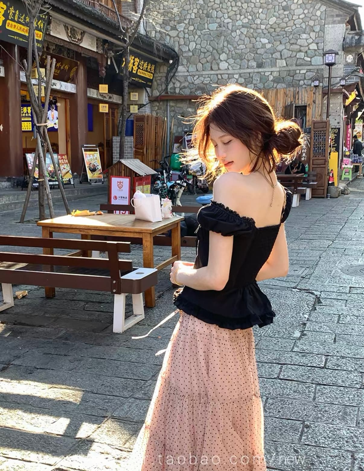 callmeear 반도 연애 편지 레이스 조각 프릴 주름 맨위 오프숄더 작은 셔츠 허리 수축 투피스 세트 이미지 2