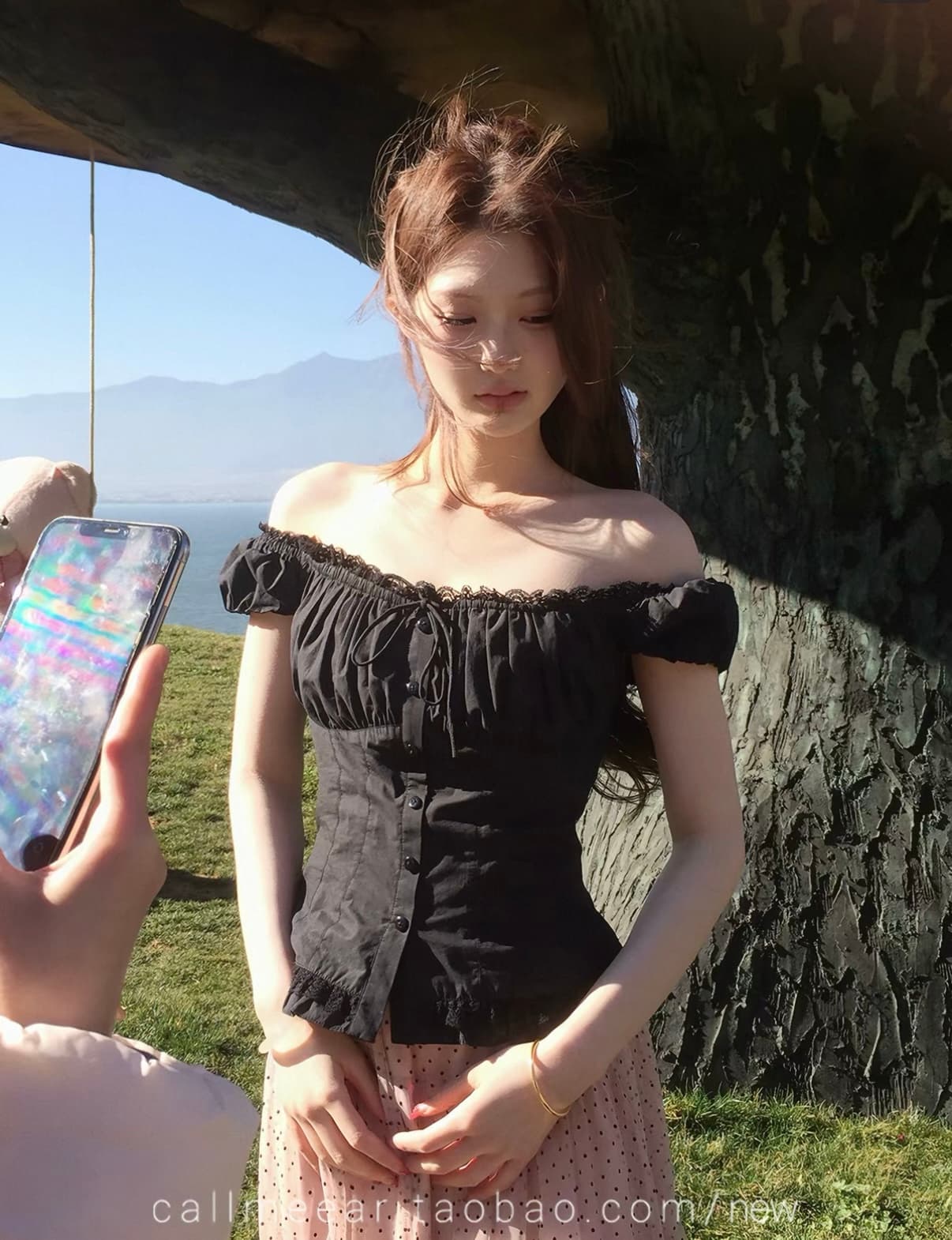 callmeear 반도 연애 편지 레이스 조각 프릴 주름 맨위 오프숄더 작은 셔츠 허리 수축 투피스 세트 이미지 4