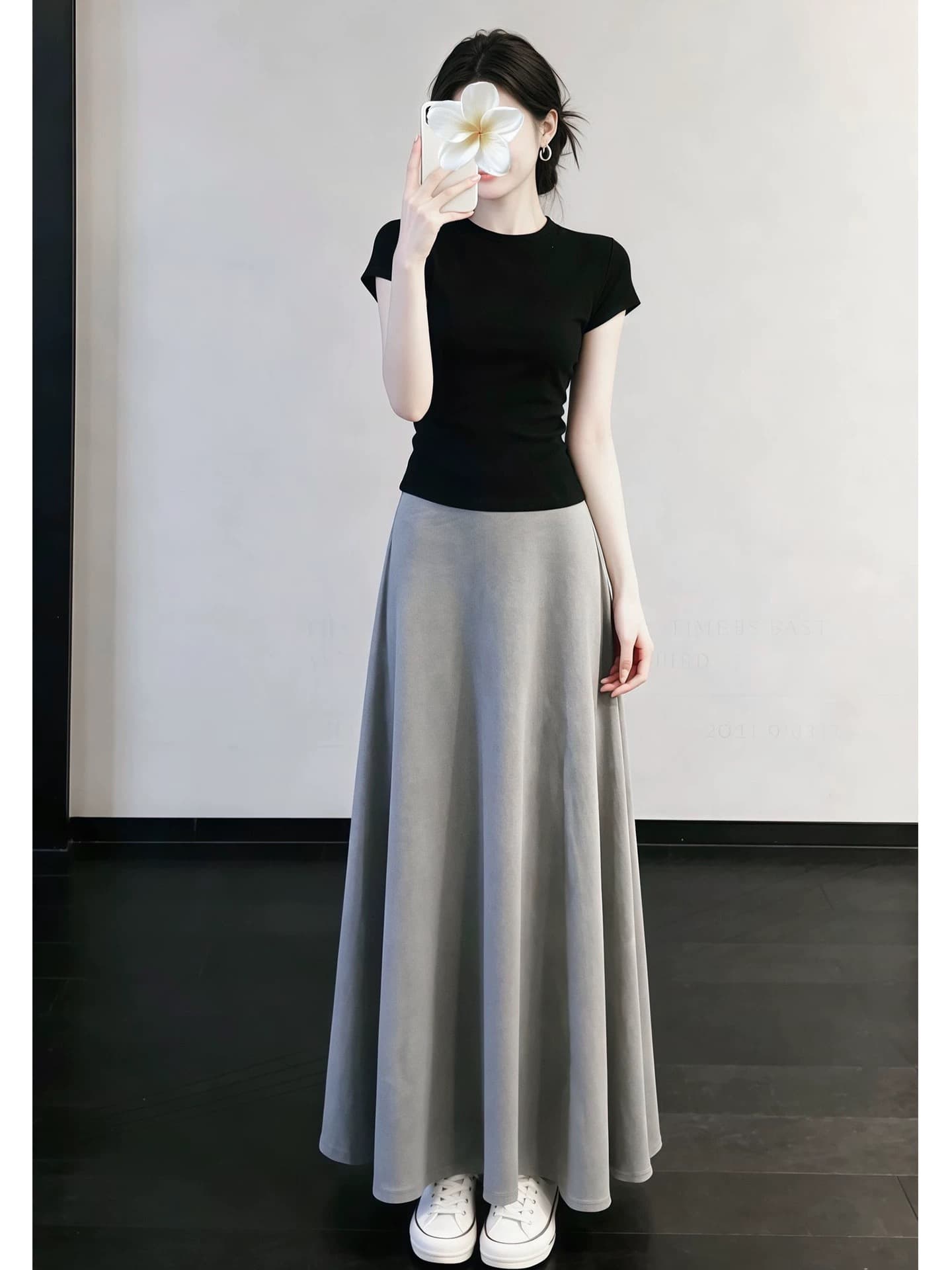 빛 사람들 코치 착용 가져 가라. 회색 반신 치마 세트 드레스 아이들 여름 2026 새로운 한 부서 ootd 전체 집합