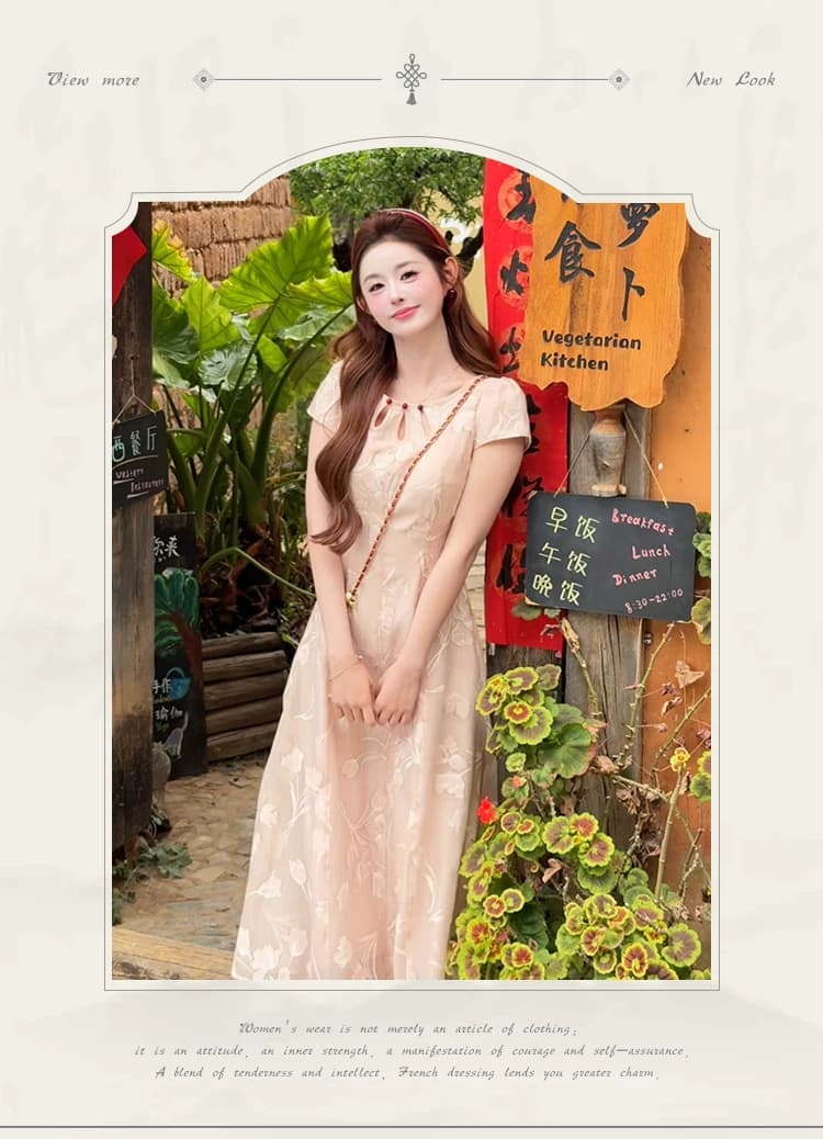 새로운 중식 대 라운드 넥 꽃 자카드 치파오 허리 수축 슬림해 보이는 여성 드레스 이미지 4