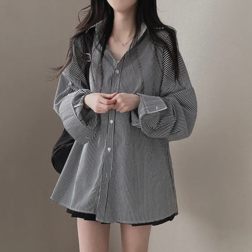 2026 이른 봄 한국 chic 빅 사이즈 핀 스트라이프 면 린넨 캐주얼 여성 셔츠 다용도 제비꼬리 셔츠 이미지 4