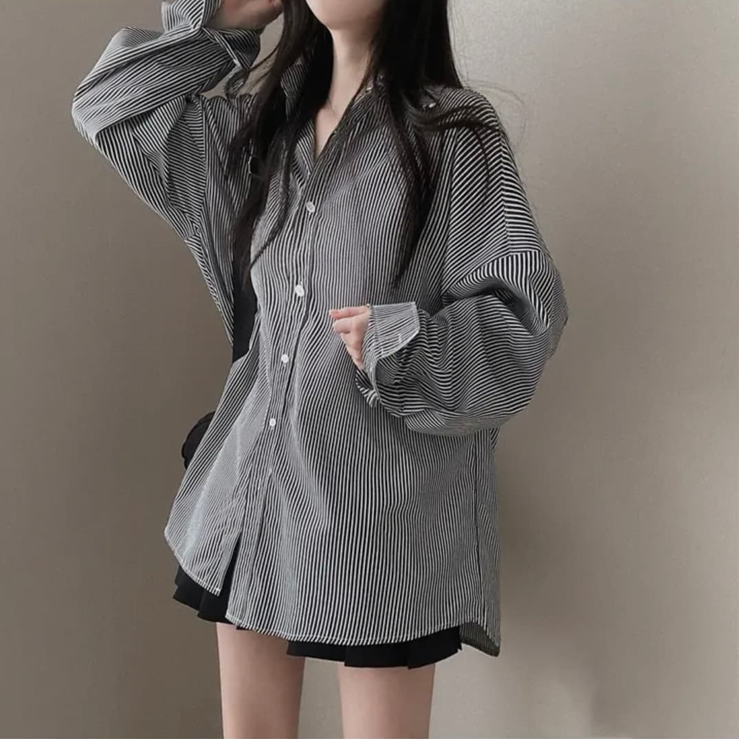 2026 이른 봄 한국 chic 빅 사이즈 핀 스트라이프 면 린넨 캐주얼 여성 셔츠 다용도 제비꼬리 셔츠 이미지 5