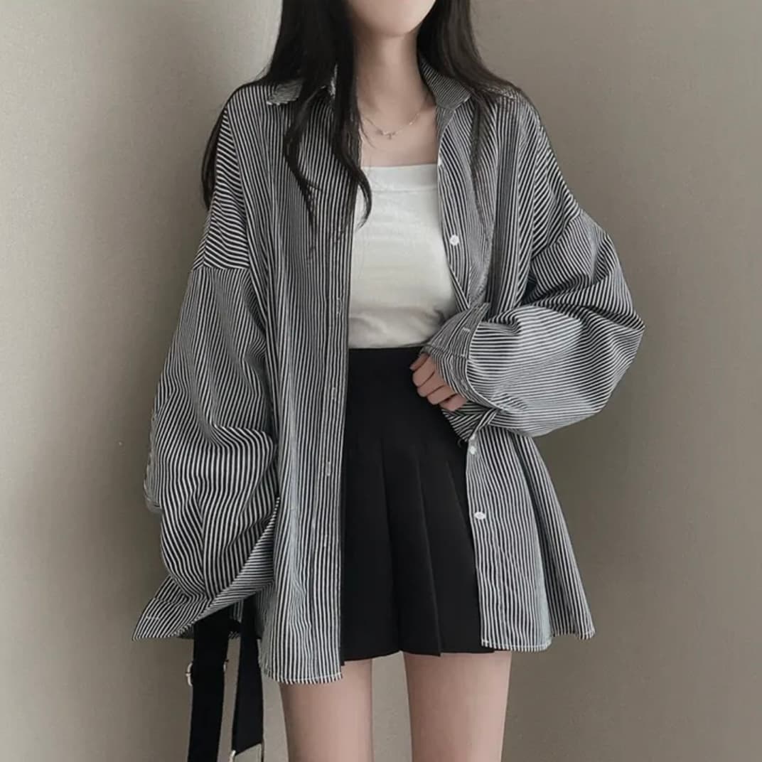 2026 이른 봄 한국 chic 빅 사이즈 핀 스트라이프 면 린넨 캐주얼 여성 셔츠 다용도 제비꼬리 셔츠 상세 이미지 2
