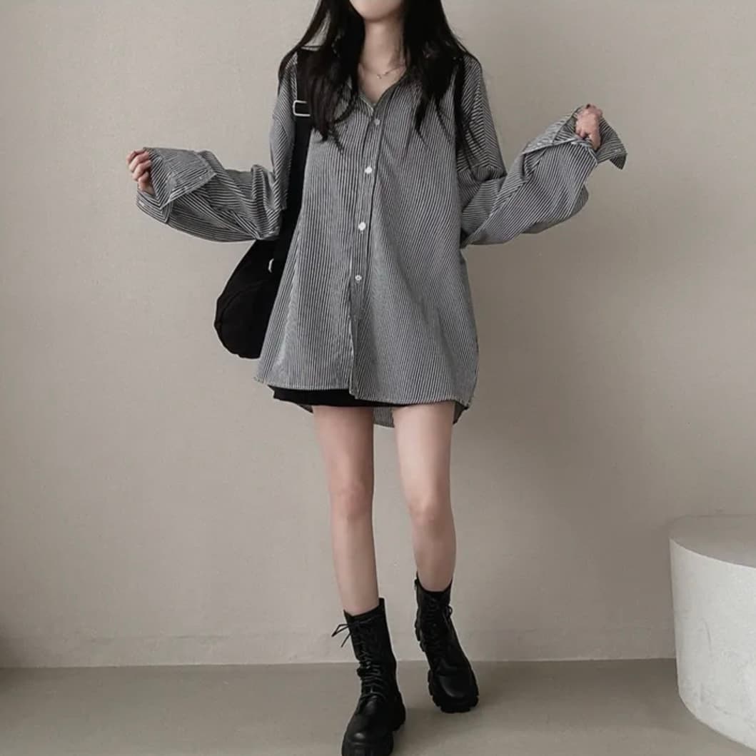 2026 이른 봄 한국 chic 빅 사이즈 핀 스트라이프 면 린넨 캐주얼 여성 셔츠 다용도 제비꼬리 셔츠 상세 이미지 11
