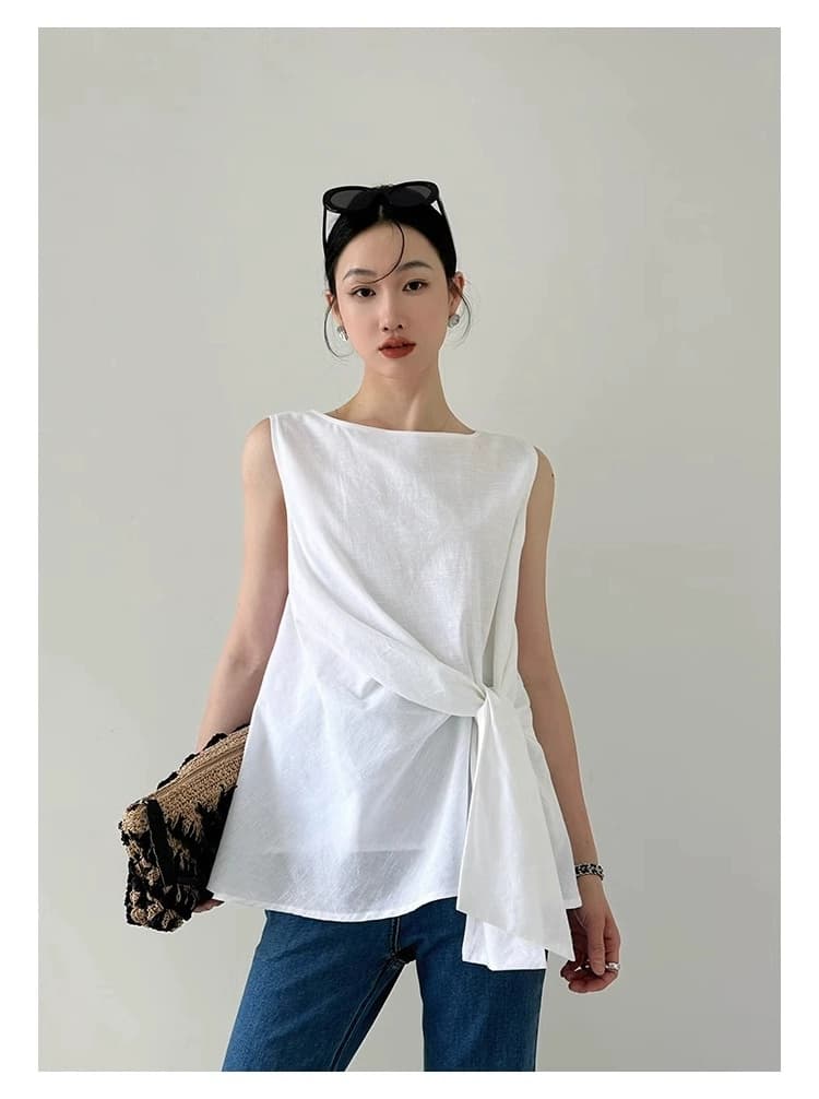 여름 드레스 새로운 빅 사이즈 여성 의류 디자인 센스 작은 대중 비틀림 면 린넨 베스트 조끼 품격 외출용 민소매 맨위 상세 이미지 9