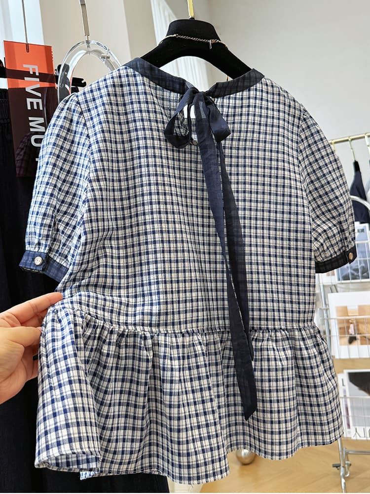 일본과 한국 대외 무역 한 부서 빛 럭셔리 연령 감소 라운드 넥 반팔 인형 셔츠 레트로 격자 무늬 셔츠 슈퍼 잘 생긴 치마 작은 셔츠 이미지 3
