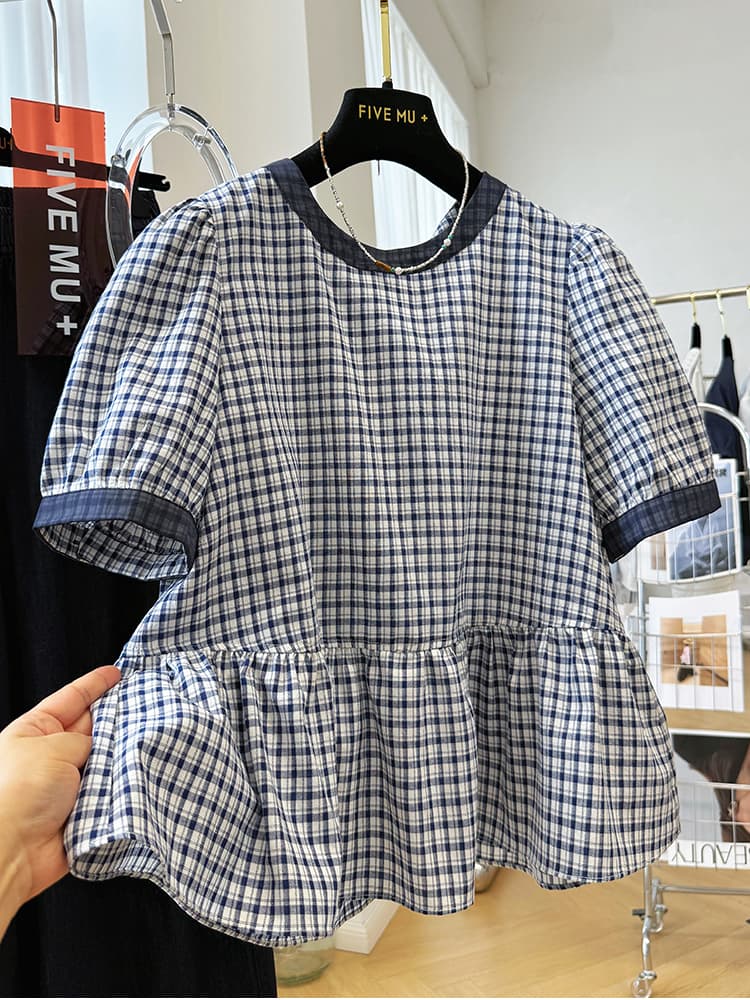 일본과 한국 대외 무역 한 부서 빛 럭셔리 연령 감소 라운드 넥 반팔 인형 셔츠 레트로 격자 무늬 셔츠 슈퍼 잘 생긴 치마 작은 셔츠 상세 이미지 4