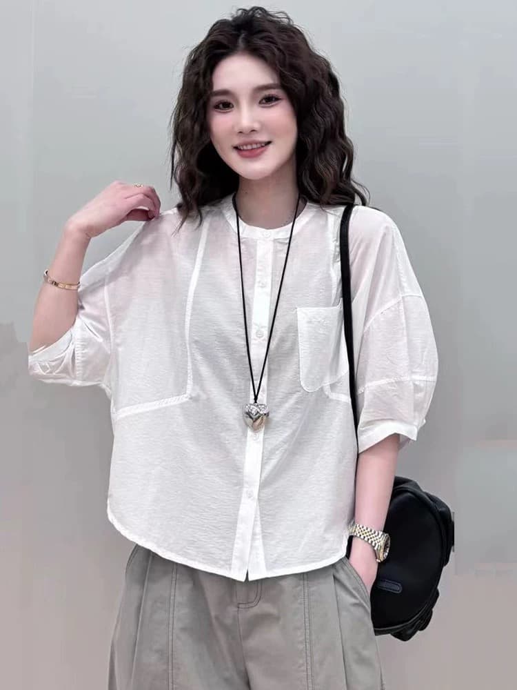 여름 드레스 새로운 빅 사이즈 여성 의류 한국 스타일 빛 럭셔리 미니멀리즘 품격 망사 중간 소매 면 린넨 얇고 가벼운 ~을 통해 섹션 셔츠 상세 이미지 4