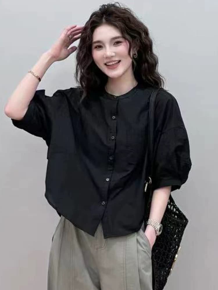 여름 드레스 새로운 빅 사이즈 여성 의류 한국 스타일 빛 럭셔리 미니멀리즘 품격 망사 중간 소매 면 린넨 얇고 가벼운 ~을 통해 섹션 셔츠 상세 이미지 10