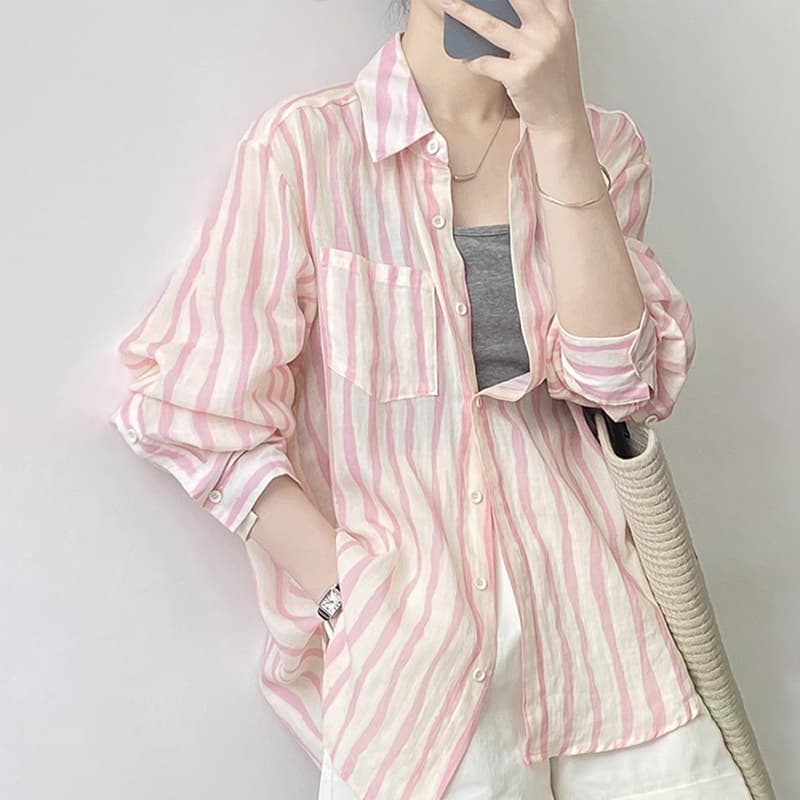가을 의상 새로운 고급 센스 핑크색 세로 줄무늬 셔츠 루즈핏 캐주얼 다용도 오픈 가디건 아마 맨위