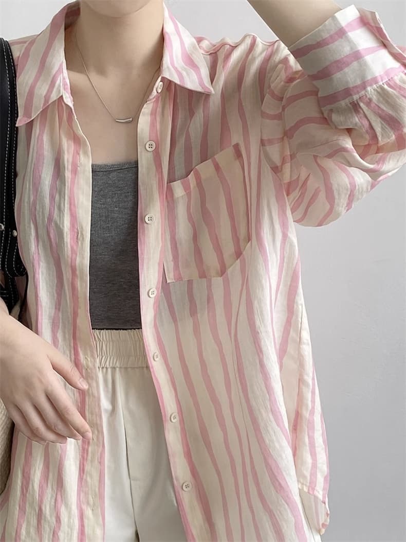 가을 의상 새로운 고급 센스 핑크색 세로 줄무늬 셔츠 루즈핏 캐주얼 다용도 오픈 가디건 아마 맨위 상세 이미지 2