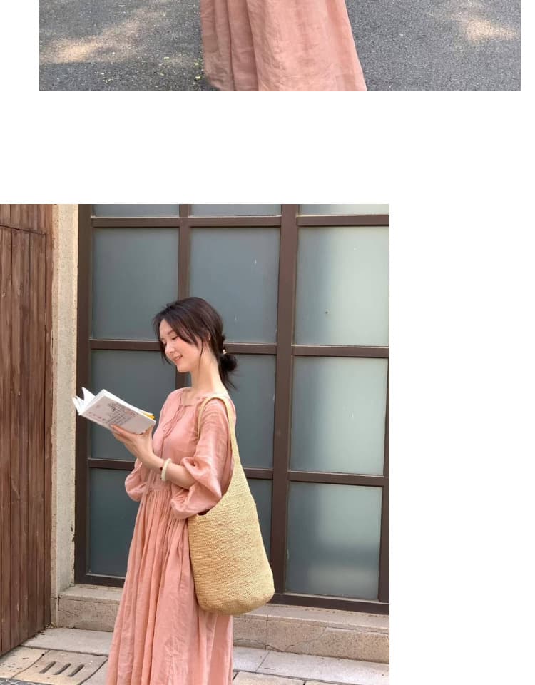 2026 이른 봄 빅 사이즈 여성 의류 핑크색 순수한 라미 단색 빅 사이즈 V넥 레이스업 드레스 루즈핏 여성 치마 상세 이미지 5