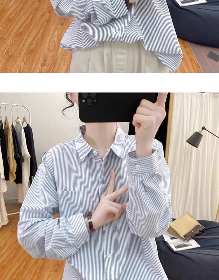 가을 의상 새로운 빅 사이즈 스트라이프 긴팔 셔츠 문예 레트로 출퇴근 다용도 맨위 홍콩 느낌 루즈핏 셔츠 여성 상세 이미지 4