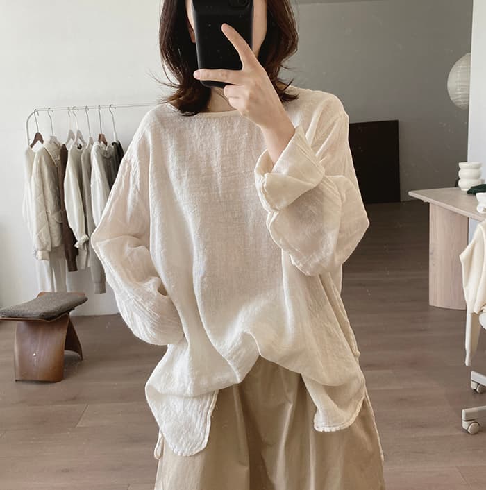 이른 가을 새로운 빅 사이즈 라운드 넥 셔츠 루즈핏 빅 사이즈 슬림해 보이는 미니멀리즘 작은 대중 디자인 센스 연령 감소 라미 맨위 상세 이미지 4