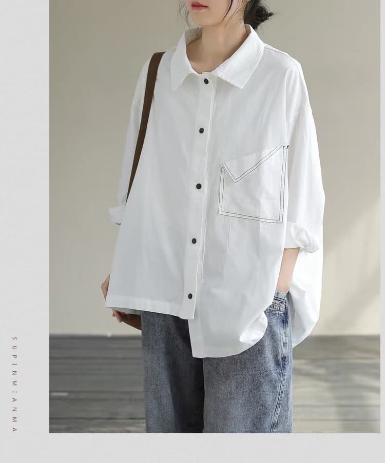 가을 의상 새로운 일본 고급 대외 무역 수출 빅 사이즈 루즈핏 단색 셔츠 지방 mm 다용도 캐주얼 셔츠 상세 이미지 8