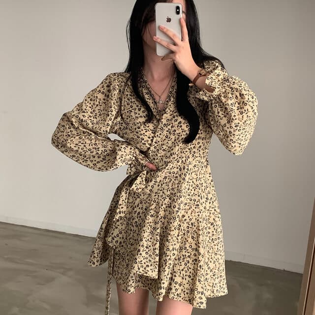 가을 의상 새로운 한국 chic 가을 프랑스식 꽃무늬 여성 드레스 레이스업 슬림해 보이는 드레스 상세 이미지 30