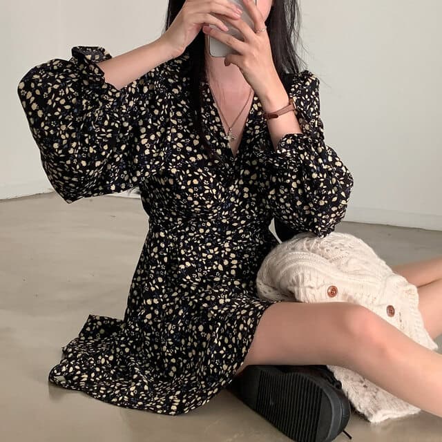 가을 의상 새로운 한국 chic 가을 프랑스식 꽃무늬 여성 드레스 레이스업 슬림해 보이는 드레스 상세 이미지 48