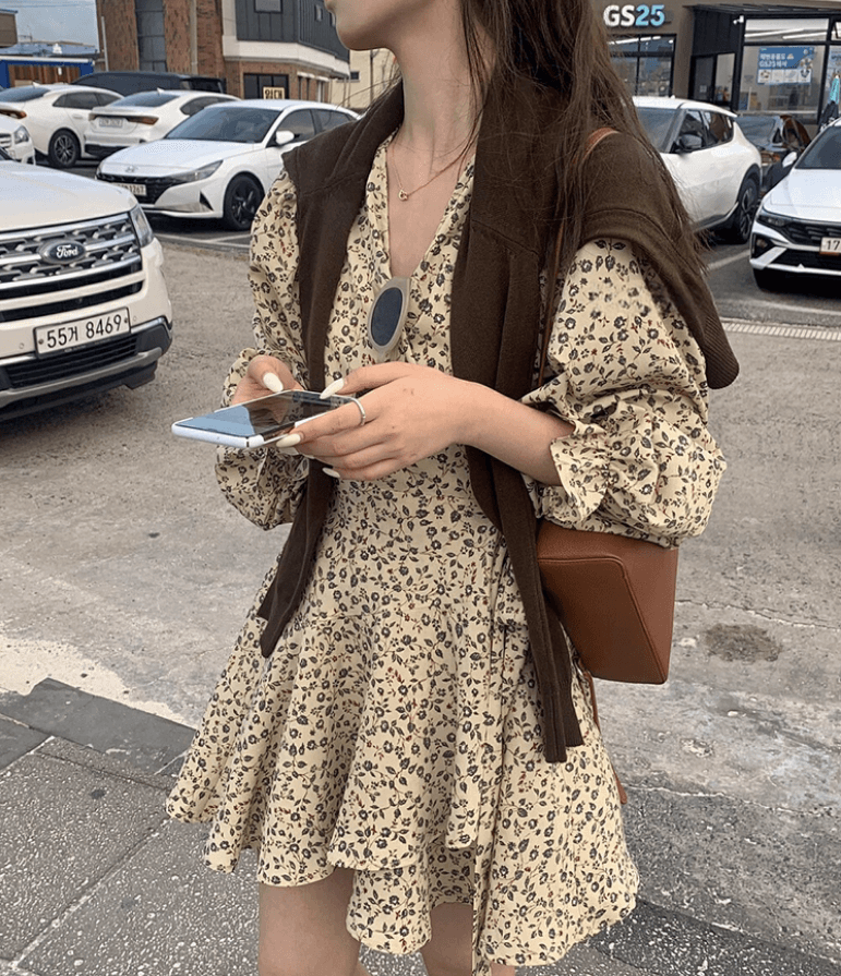 실사 2026 가을 한국 chic 가을 프랑스식 꽃무늬 여성 드레스 레이스업 슬림해 보이는 드레스 상세 이미지 3
