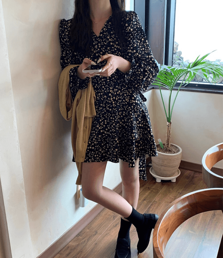실사 2026 가을 한국 chic 가을 프랑스식 꽃무늬 여성 드레스 레이스업 슬림해 보이는 드레스 상세 이미지 10