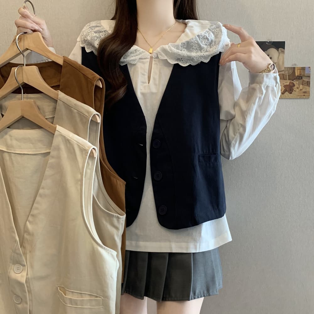 실사 가을 의상 새로운 면 소재 조끼 재킷 루즈핏 슬림해 보이는 V넥 미니멀리즘 작은 대중 디자인 센스 워크웨어 조끼 이미지 2