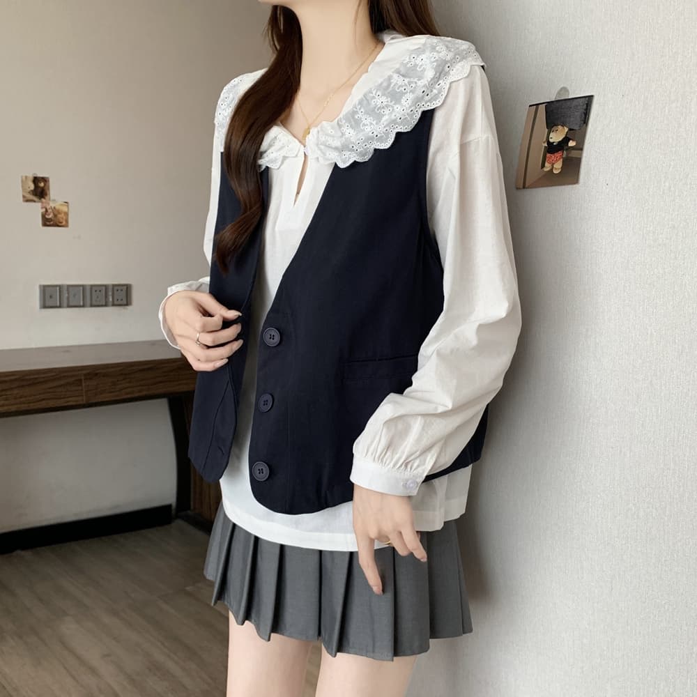 실사 가을 의상 새로운 면 소재 조끼 재킷 루즈핏 슬림해 보이는 V넥 미니멀리즘 작은 대중 디자인 센스 워크웨어 조끼 이미지 5