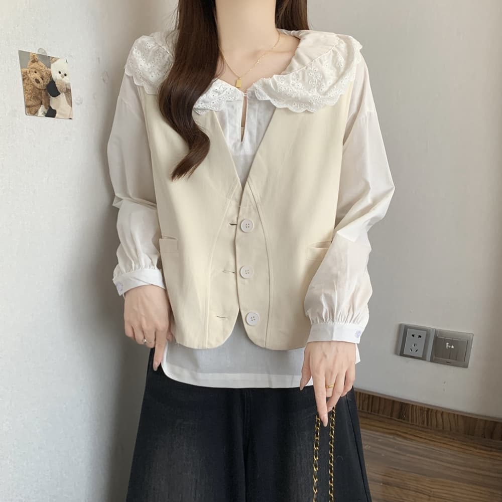 실사 가을 의상 새로운 면 소재 조끼 재킷 루즈핏 슬림해 보이는 V넥 미니멀리즘 작은 대중 디자인 센스 워크웨어 조끼 상세 이미지 9
