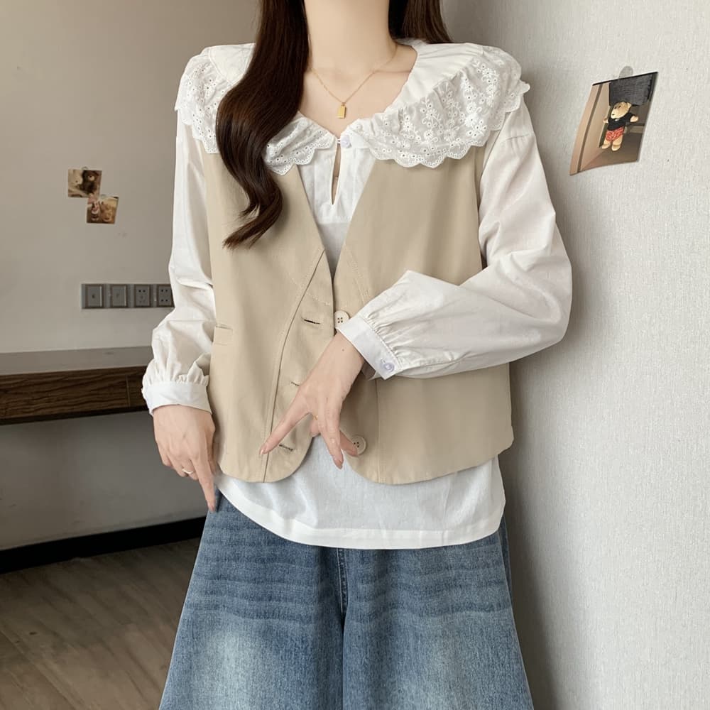 실사 가을 의상 새로운 면 소재 조끼 재킷 루즈핏 슬림해 보이는 V넥 미니멀리즘 작은 대중 디자인 센스 워크웨어 조끼 상세 이미지 26
