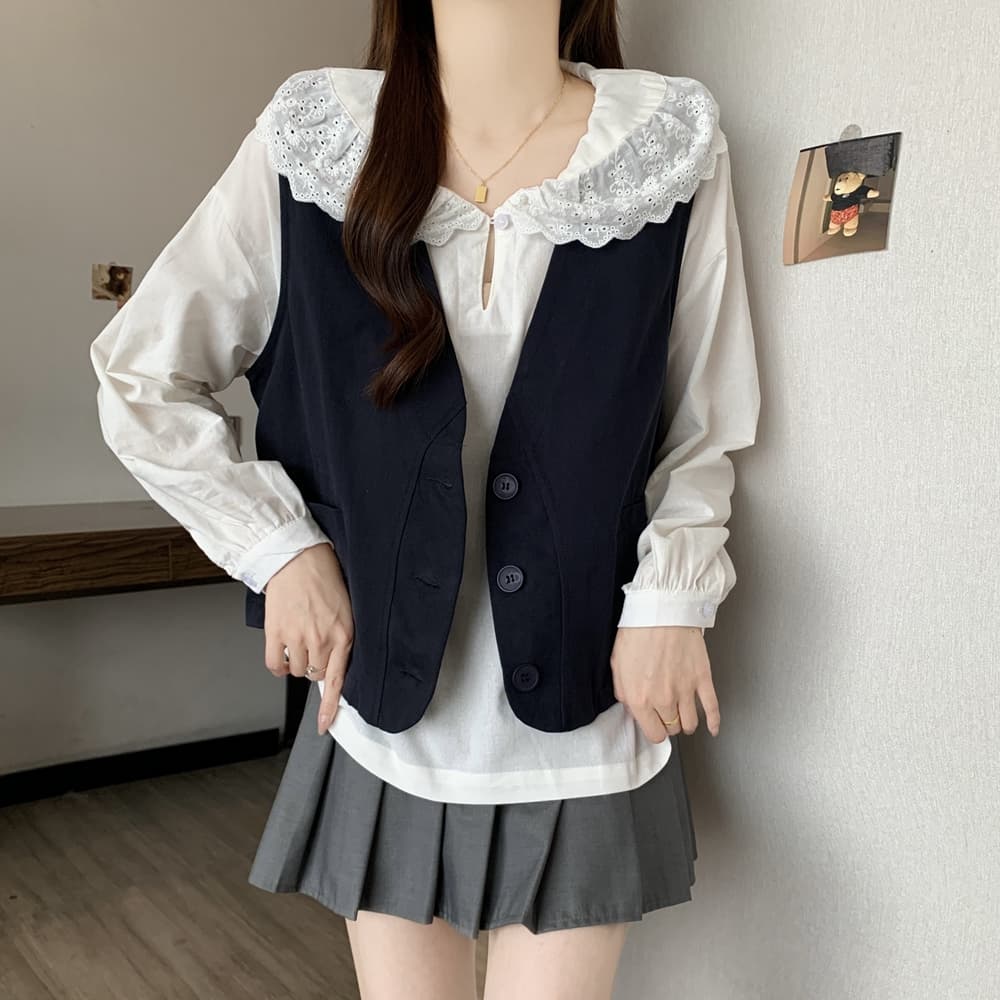 실사 가을 의상 새로운 면 소재 조끼 재킷 루즈핏 슬림해 보이는 V넥 미니멀리즘 작은 대중 디자인 센스 워크웨어 조끼 상세 이미지 35