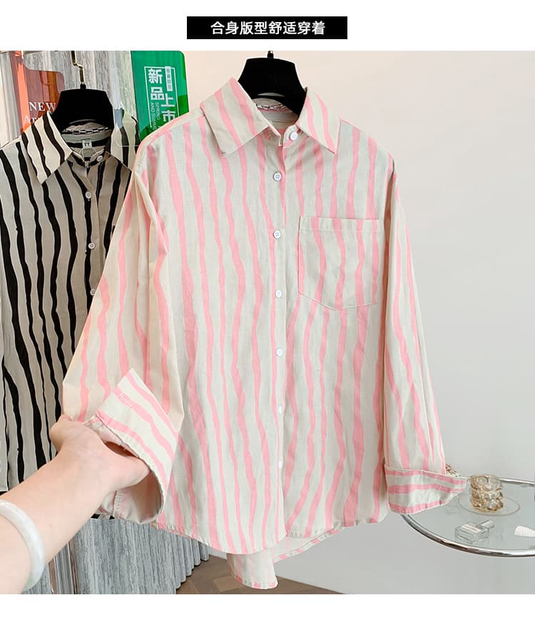 실사 가을 의상 새로운 고급 센스 세로 줄무늬 셔츠 루즈핏 캐주얼 다용도 오픈 가디건 아마 맨위 상세 이미지 3