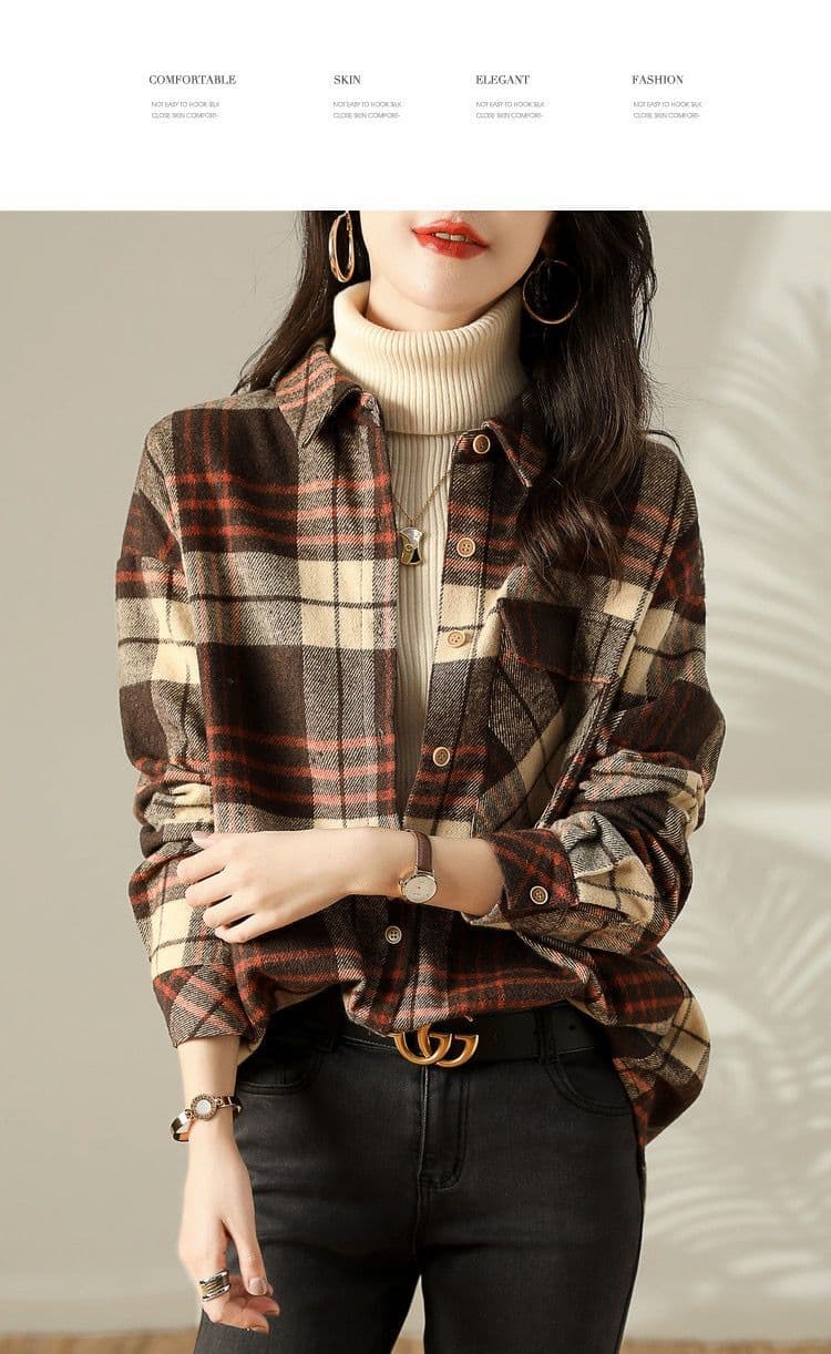 가을 의상 새로운 다용도 레트로 체크무늬 스택 착용 셔츠 루즈핏 캐주얼 셔츠 상세 이미지 2