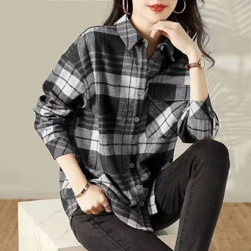 가을 의상 새로운 다용도 레트로 체크무늬 스택 착용 셔츠 루즈핏 캐주얼 셔츠 상세 이미지 7