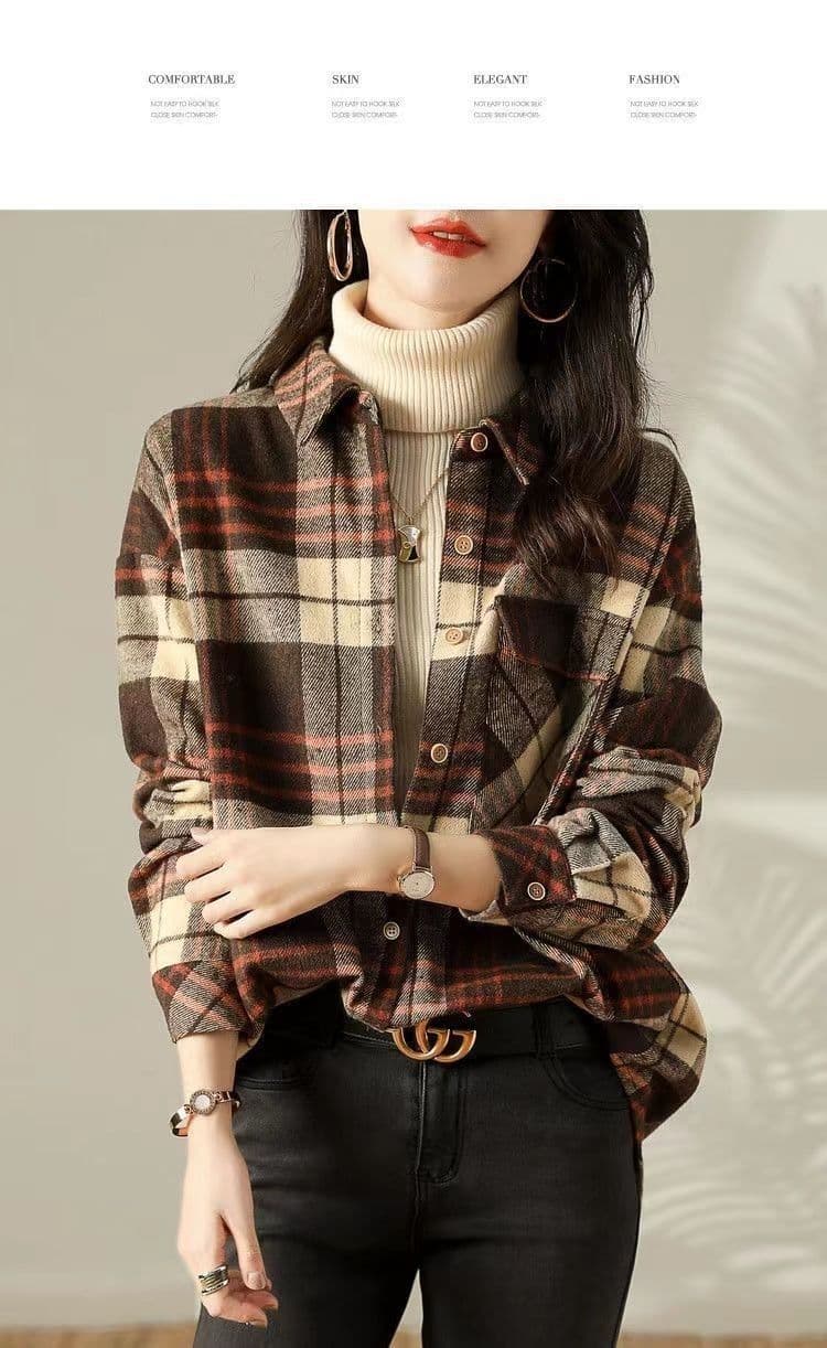 가을 의상 새로운 다용도 레트로 체크무늬 스택 착용 셔츠 루즈핏 캐주얼 셔츠 상세 이미지 13