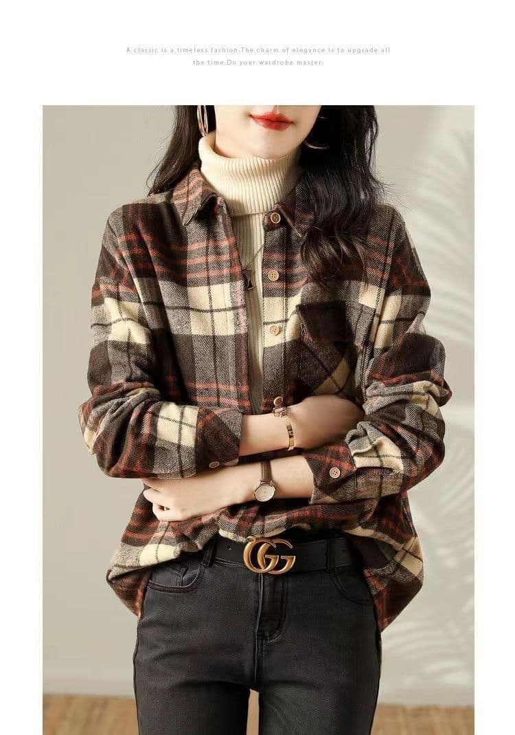 가을 의상 새로운 다용도 레트로 체크무늬 스택 착용 셔츠 루즈핏 캐주얼 셔츠 상세 이미지 14