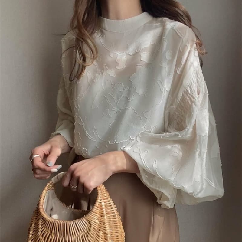 가을 의상 새로운 대외 무역 여성 의류 꽃 거품 소매 레이스 셔츠 쉬폰 톱 긴팔 셔츠 양면 착용