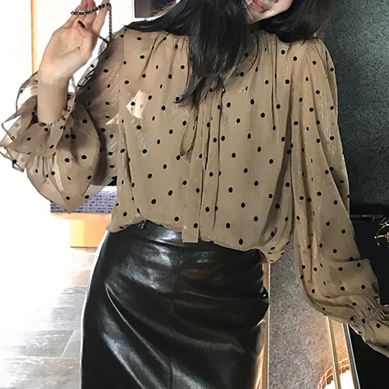 용 안녕하세요. 어린이 봄 드레스 새로운 프랑스식 우아함 레트로 도트 무늬 리본 루즈핏 슬림해 보이는 셔츠 부드러운 바람 긴팔 맨위