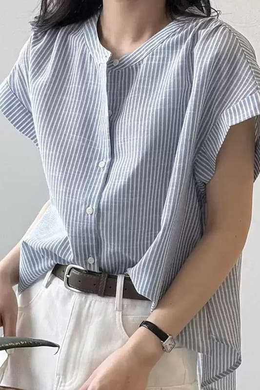 여름 드레스 새로운 프랑스식 스트라이프 라운드 넥 부드러운 바람 반팔 여성 셔츠 루즈핏 고급 센스 품격 맨위 이미지 6