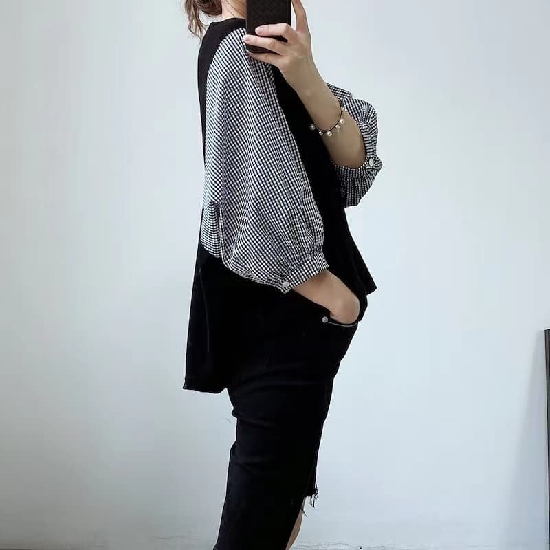 여름 드레스 국경 간 일본과 한국 부서 티셔츠 셔츠 패치워크 색상 Chic 라운드 넥 루즈핏 레트로 디자인 센스 반팔 면 맨위 상세 이미지 4