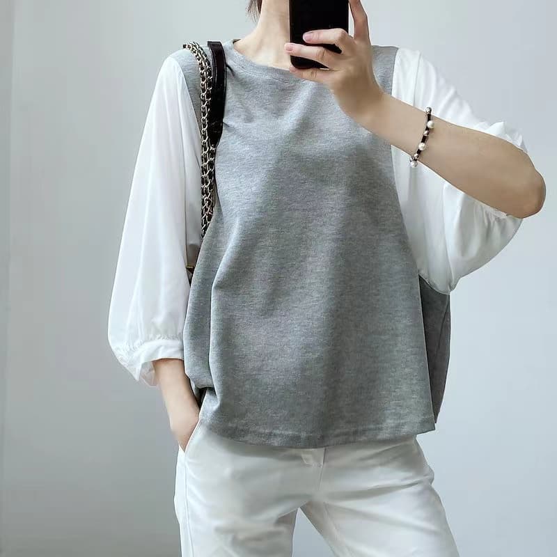 여름 드레스 국경 간 일본과 한국 부서 티셔츠 셔츠 패치워크 색상 Chic 라운드 넥 루즈핏 레트로 디자인 센스 반팔 면 맨위 상세 이미지 5