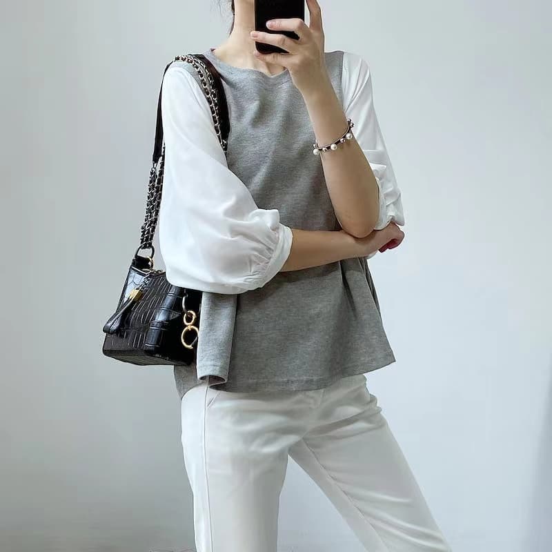 여름 드레스 국경 간 일본과 한국 부서 티셔츠 셔츠 패치워크 색상 Chic 라운드 넥 루즈핏 레트로 디자인 센스 반팔 면 맨위 상세 이미지 6