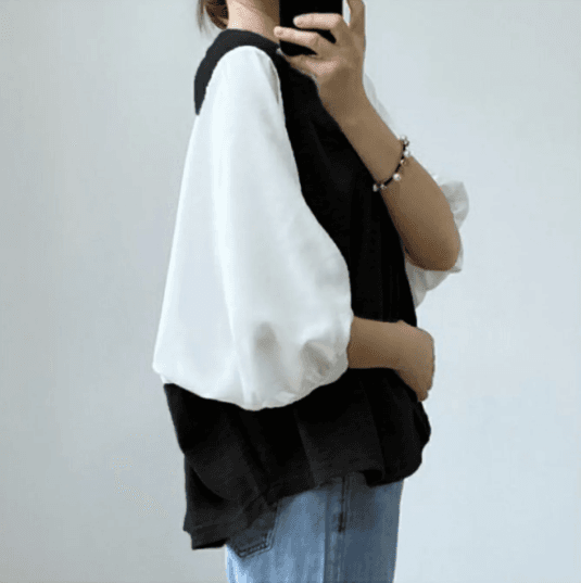 여름 드레스 국경 간 일본과 한국 부서 티셔츠 셔츠 패치워크 색상 Chic 라운드 넥 루즈핏 레트로 디자인 센스 반팔 면 맨위 상세 이미지 11