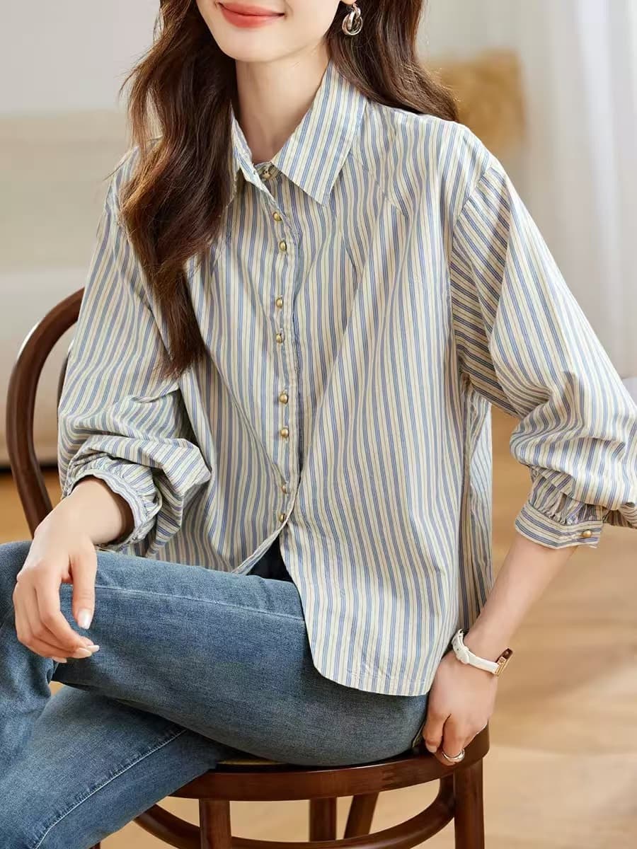 가을 의상 새로운 빅 사이즈 여성 의류 스트라이프 셔츠 긴팔 진주 버클 업 의류 한국 스타일 캐주얼 루즈핏 맨위 상세 이미지 12