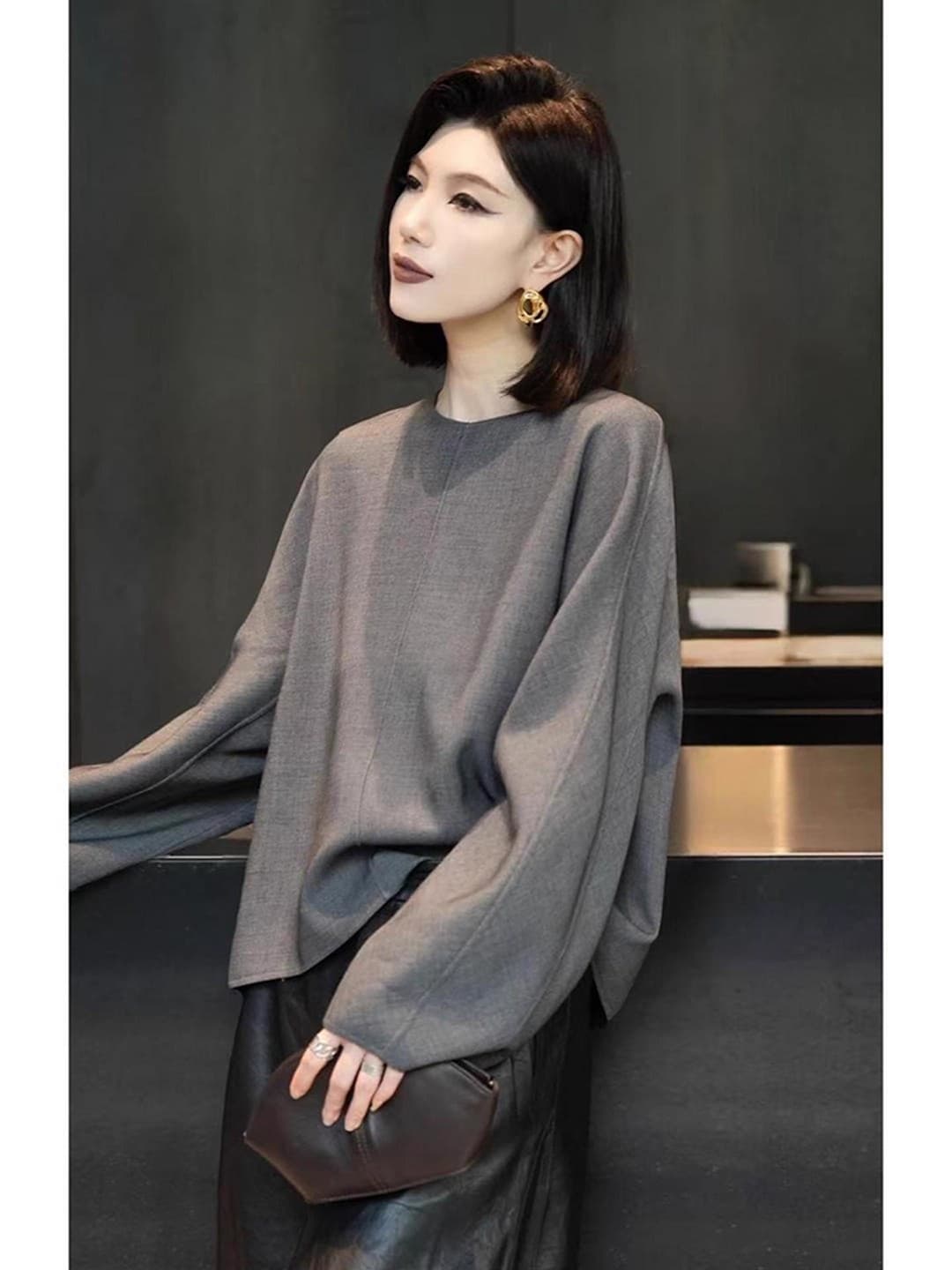 가을 겨울 의류 새로운 유럽 상품 회색 라운드 넥 긴팔 셔츠 미니멀리즘 품격 다용도 루즈핏 캐주얼 고유 한 맨위 상세 이미지 5